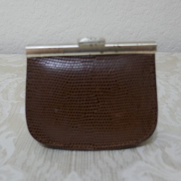 Lauren Ralph Lauren Brown Reptile Embossed Small Coin Purse Pouch VTG Push Lock - Picture 1 of 9